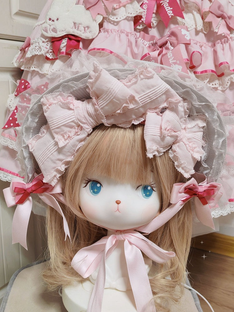 Ribbon Lace Bowknot Lolita Hat White Sweet Flat Pink