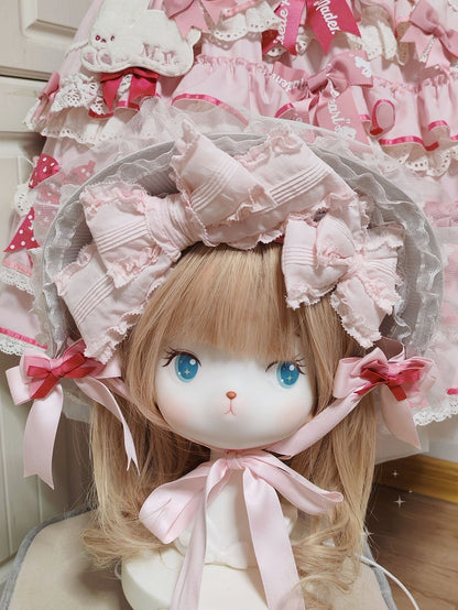 Ribbon Lace Bowknot Lolita Hat White Sweet Flat Pink