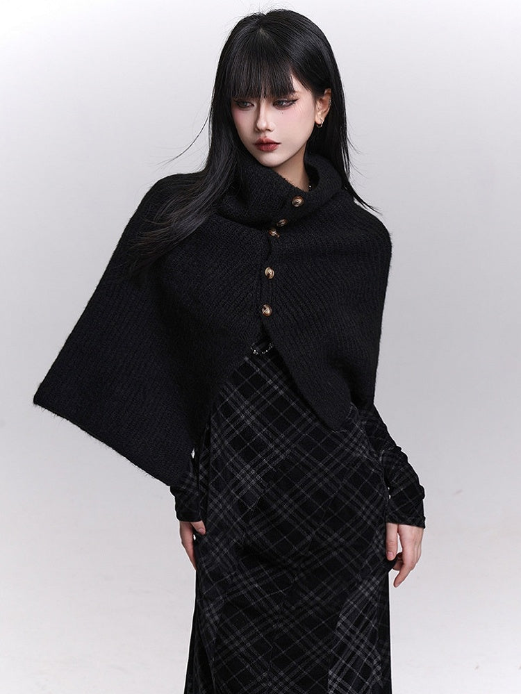 Rear Shawl Black Neck Mock Placket Buttoned Knitted - Slit Detail