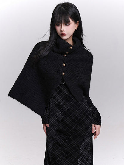 Rear Shawl Black Neck Mock Placket Buttoned Knitted - Slit Detail