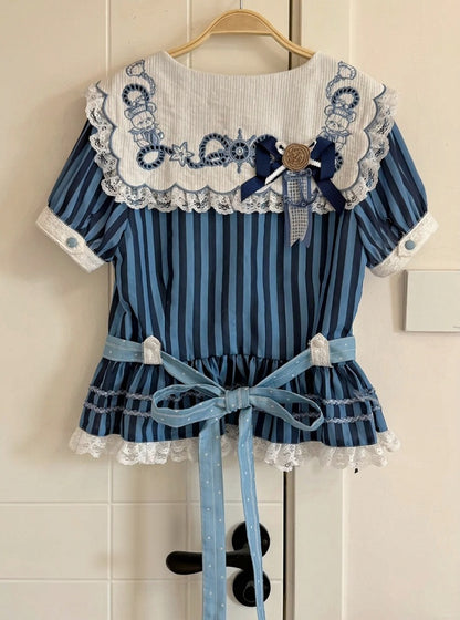 Blue Sailor Bear Embroidered Striped Top with Lace - Twin Bear Original Design