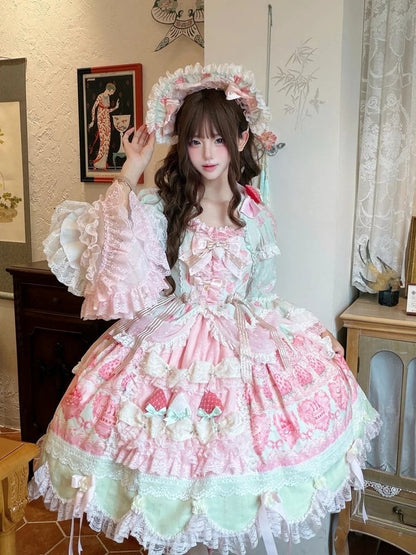Green & Pink Strawberry Cake Print Bell Sleeve Lolita Dress - Ball Lolita