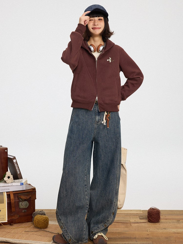 Vintage Red Double-Pull Wine Hoodie Zipper Placket