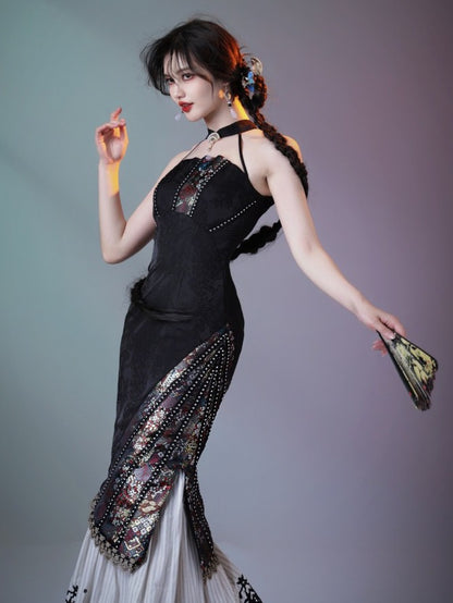 Vintage Halter Neck Lace Dress with Embroidery - sijinstudio