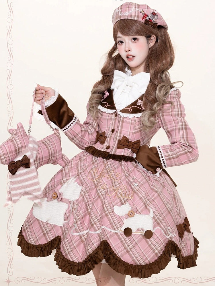 Plaid Pattern Jacket with Embroidery and Bowknot in Red or Pink - iris de nuit