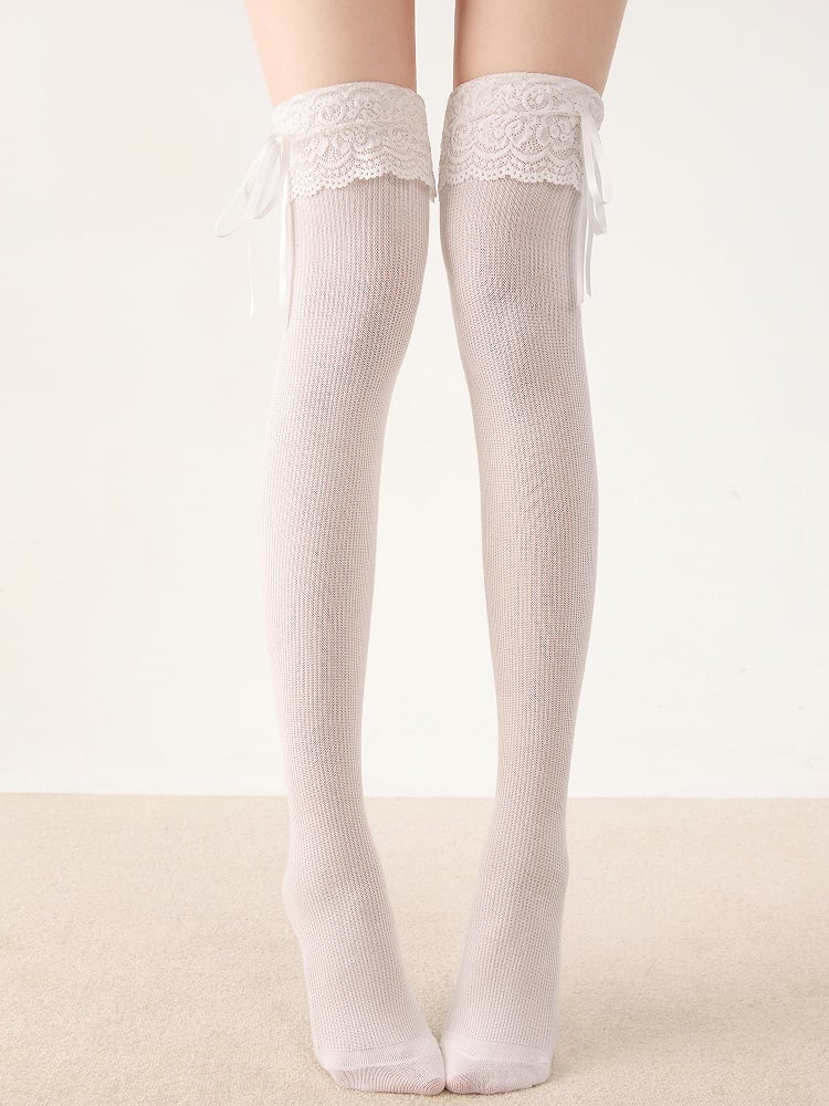 Knee Bow Stockings Ribbon Lolita Lace 7 with Colors Over Trim