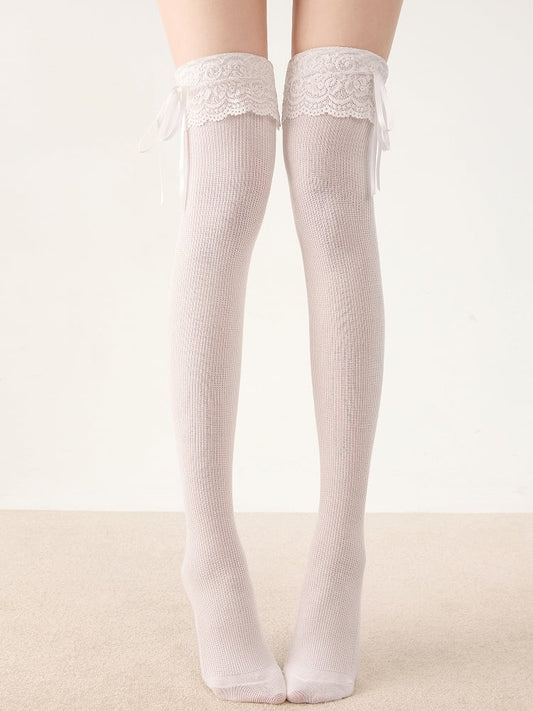 Knee Bow Stockings Ribbon Lolita Lace 7 with Colors Over Trim