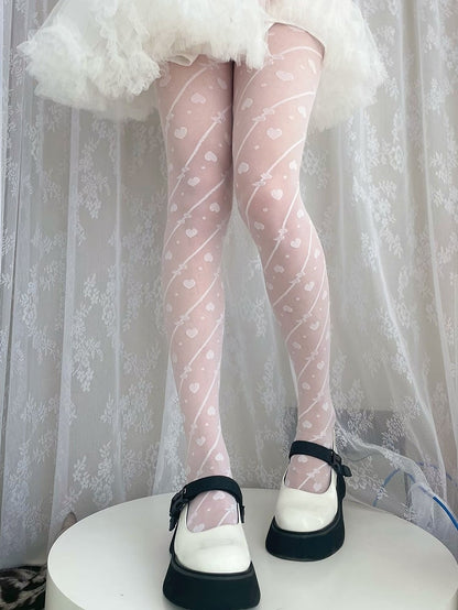 ホワイト/ブラック セミシースルー ハート ロリータ タイツ