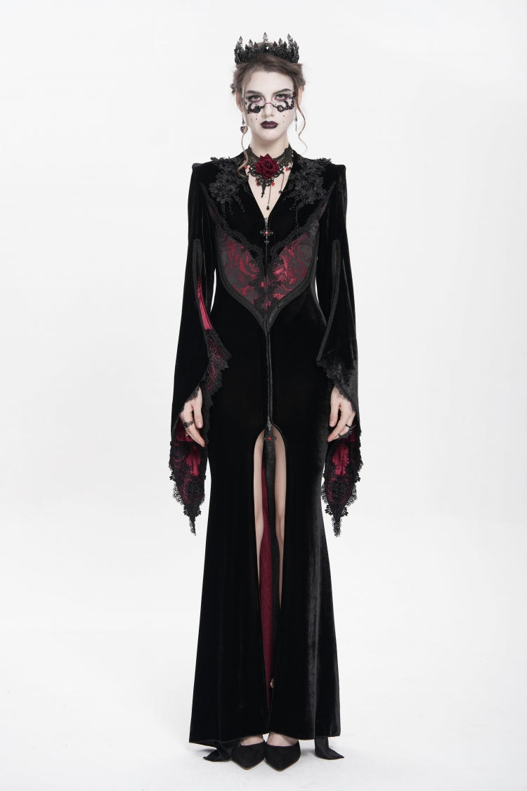 Black and Red V-Neck Long Trumpet Sleeves Floral Embroidered Velvet Gothic Dress