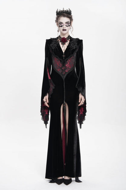 Black and Red V-Neck Long Trumpet Sleeves Floral Embroidered Velvet Gothic Dress