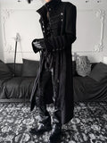 Long Gothic Coat Detials Strap Mock Neck Black with Buckle Royal