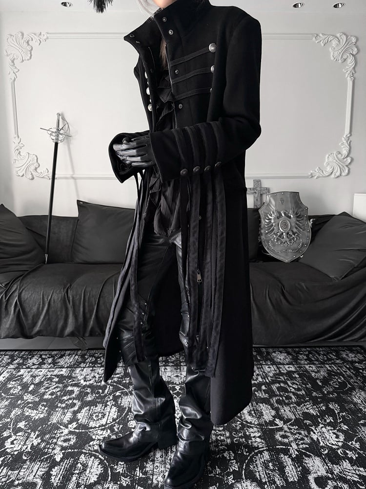 Long Gothic Coat Detials Strap Mock Neck Black with Buckle Royal