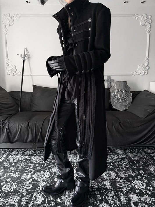 Long Gothic Coat Detials Strap Mock Neck Black with Buckle Royal