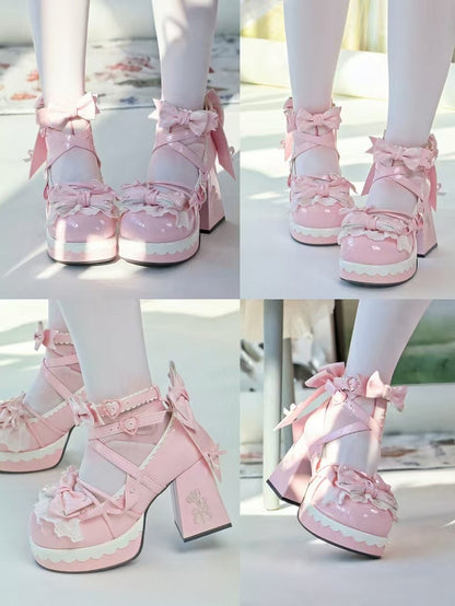 Pink Heel Mary Bow High Lolita Striped 8cm - Block Janes PU Sweet Platform