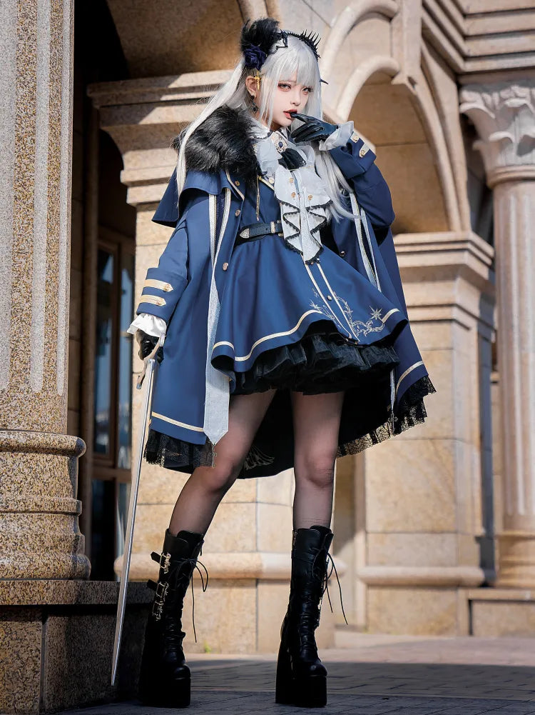 XXL Goldmantel Blauer Rock + Set Cape Shirt Jabot Besatz Ausverkaufsgröße Voll Lolita Militär und