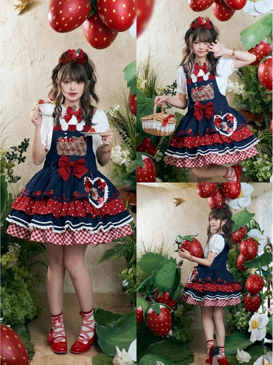 Country Lolita Dress Skirt Strawberry and Bear Embroidery Navy Blue Cottagecore Tiered Overalls