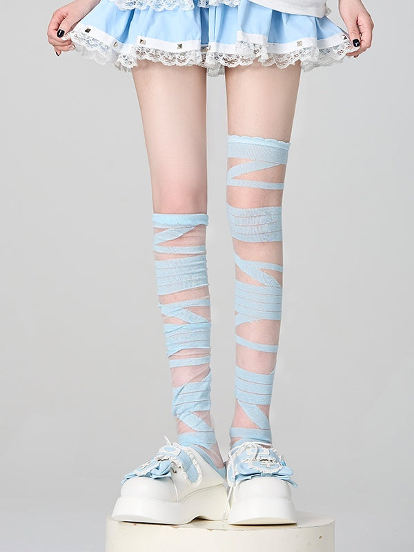 Blue/White/Black Design Stockings Strappy Y2K