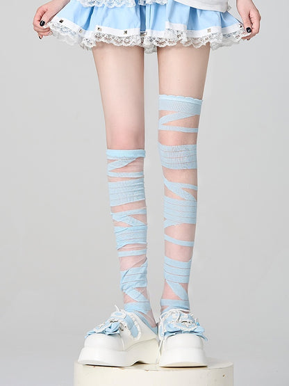 Blue/White/Black Design Stockings Strappy Y2K