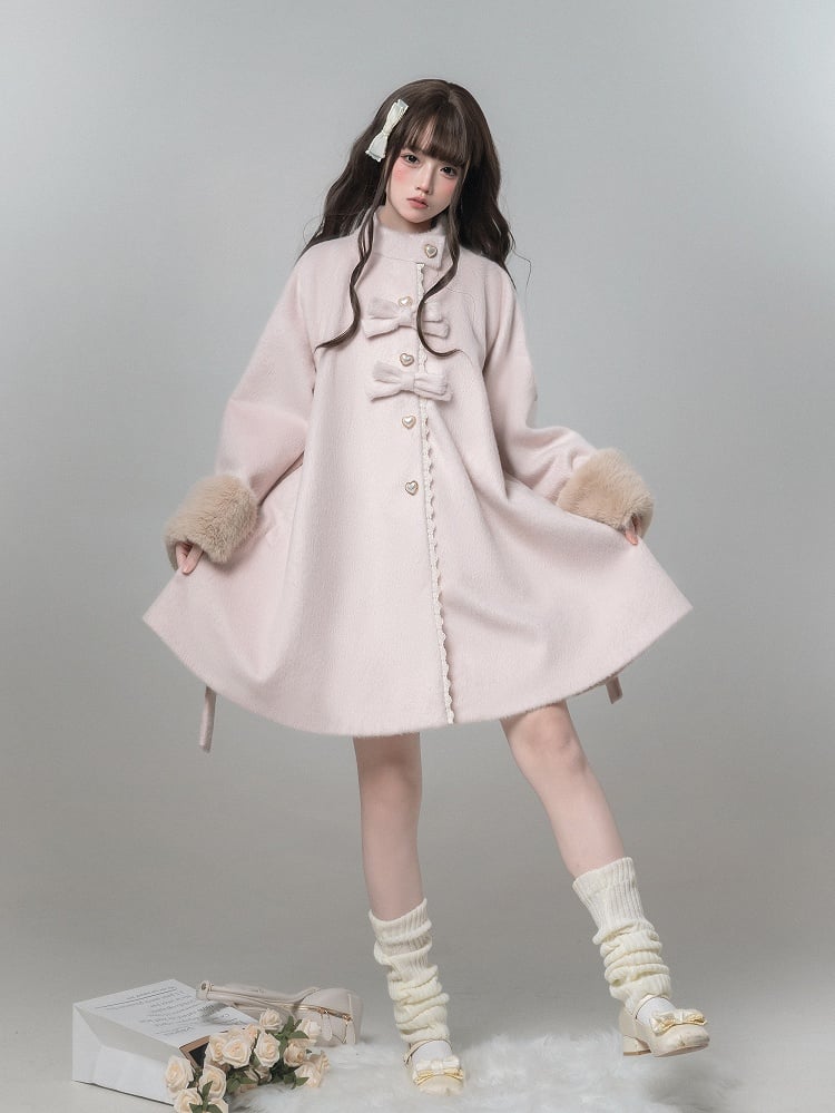 Jirai Manteau en Laine Cœur Nœud à Bouton Style Pur Décor Kei Rose