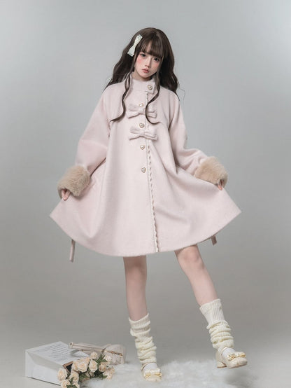 Jirai Manteau en Laine Cœur Nœud à Bouton Style Pur Décor Kei Rose