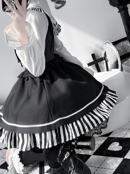 Schwarze Jirai Kei Sailor Collor Bluse mit hoher Taille und Spitzenbesatz, Overall-Kleid-Set