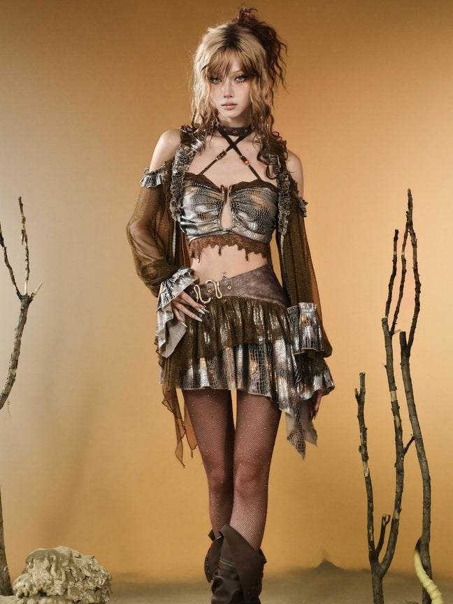 Shoulder Brown V-neck Wasteland Punk Sleeves Dark Top Design Long Cutout Semi-sheer