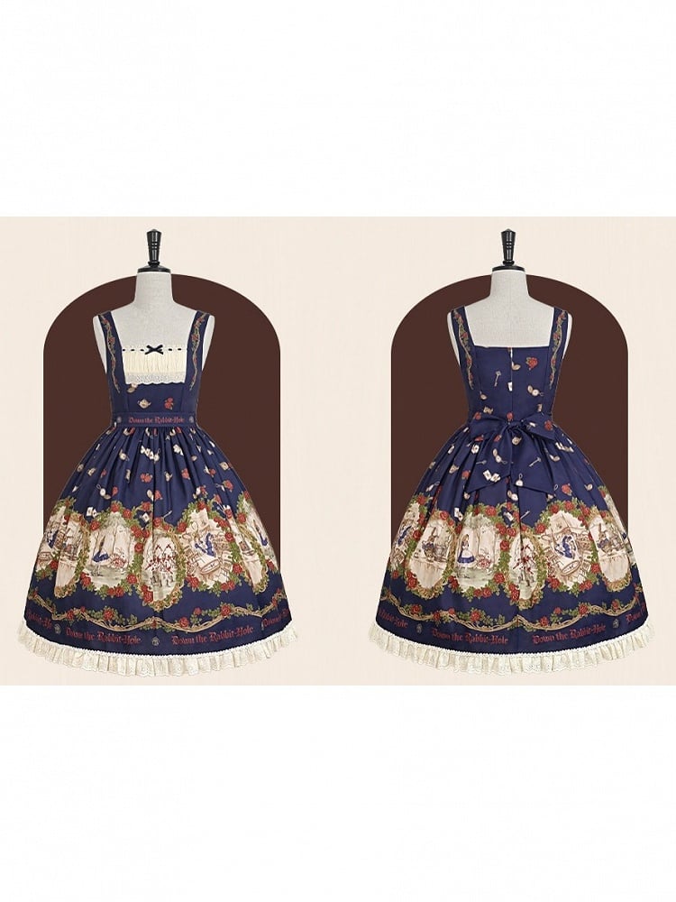 Wonderland Alice Floral Print Dark Blue Lolita JSK Lace - Stars Fall on the Foggy Island