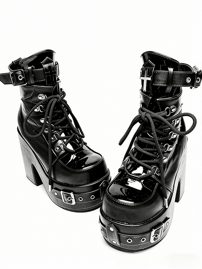 Bittersweet Buckled Lace-Up Ankle Boots in Black PU with Cross Accents, Inner Zip & High Block Heels - Transfer Student
