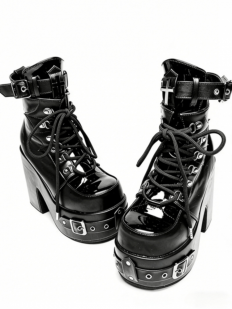 Bittersweet Buckled Lace-Up Ankle Boots in Black PU with Cross Accents, Inner Zip & High Block Heels - Transfer Student