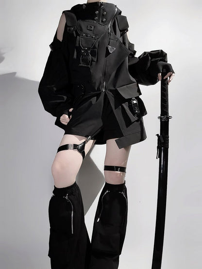 Black Shorts Techwear Jacket Leg + Open Outfit Windbreaker Shoulders Futuristic Warmers -