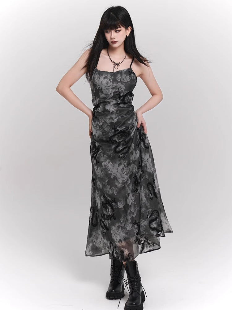 Black and Gray Dragon Print Backless/Covered-Back Slip Dress