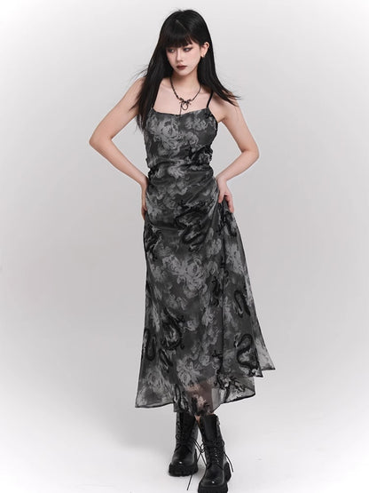 Black and Gray Dragon Print Backless/Covered-Back Slip Dress