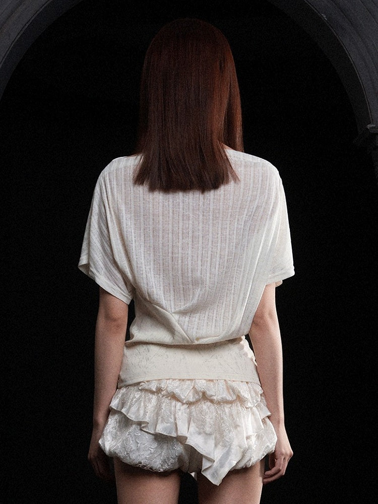 Punk with Semi-Sheer Apricot Top Off-Shoulder Prints Ruched