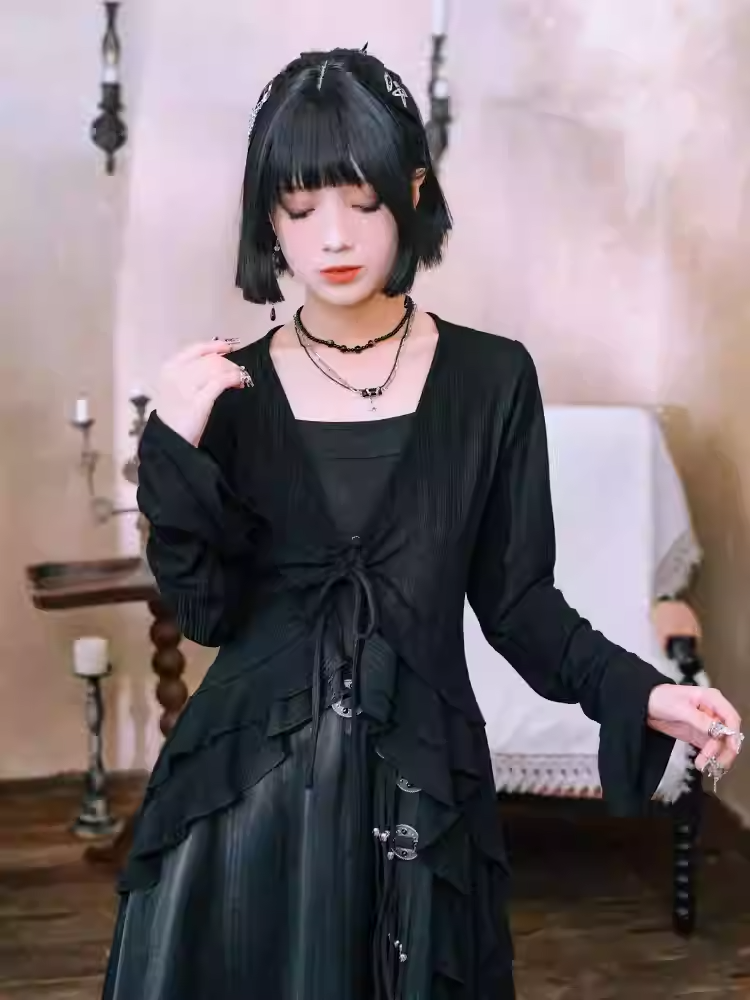 Ärmel Saum Stil Asymmetrische Schwarz Layered Cardigan Gestrickte Cheongsam Glocke