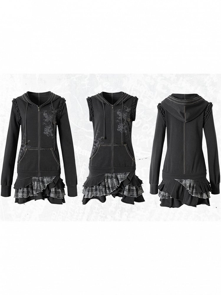 Wasteland Detachable Y2K with Dark Gray Hoodie Skirt Plaid Layered Sleeves Punk Dress