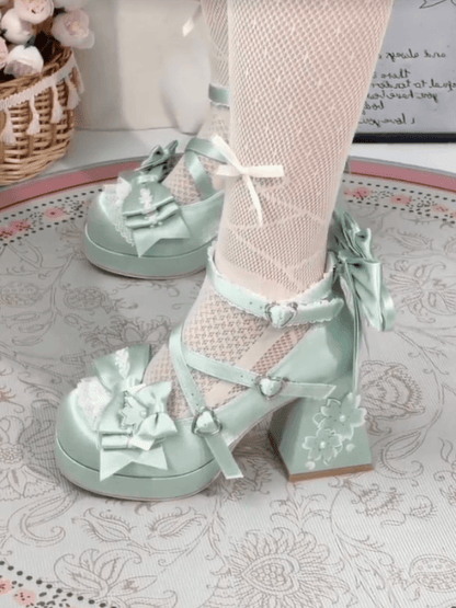 Jane Block Motif in Fastener Heart with Blossom Heel Green Bow Satin High Sweet Accents Shoes Cherry Mary Loltia