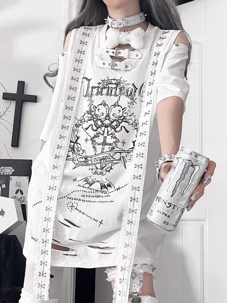 White Straps Short Trimmed Gothic Cutouts Shoulder with Sleeve Drop T-shirt Print Cross Lace Shoudler
