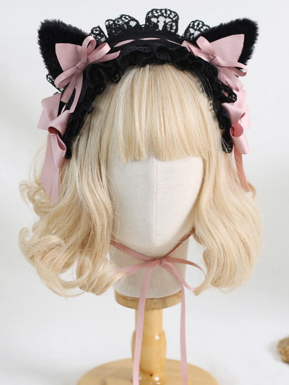 Sweet 5 Detachable Lace Kitty Hairband Lolita with Ears Colors Plush Bowknot