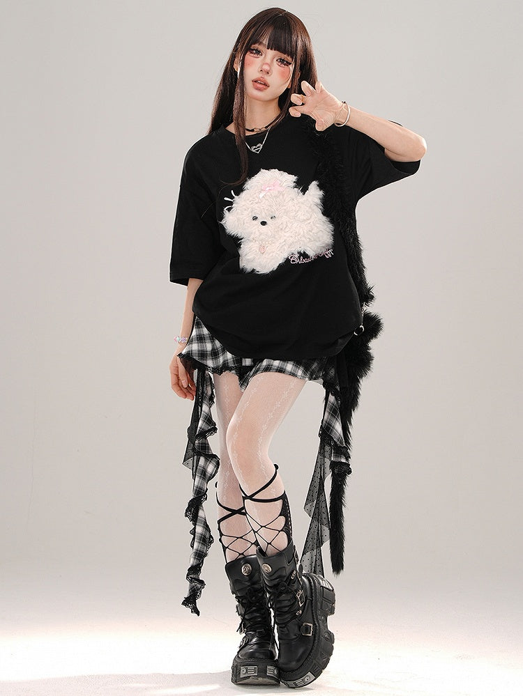 Blue/Grey/Black Plush Puppy Applique Loose T-shirt