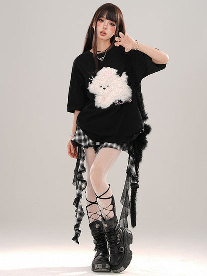 Blue/Grey/Black Plush Puppy Applique Loose T-shirt