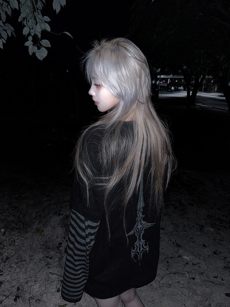 in with Faux Sigil Black Striped Gothic Sleeves Two-Piece Dark Style Top