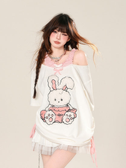 T-Shirt Muster Entzückende Ausschnitt Schulter Kordelzug Taille Bunny Weiß Lose