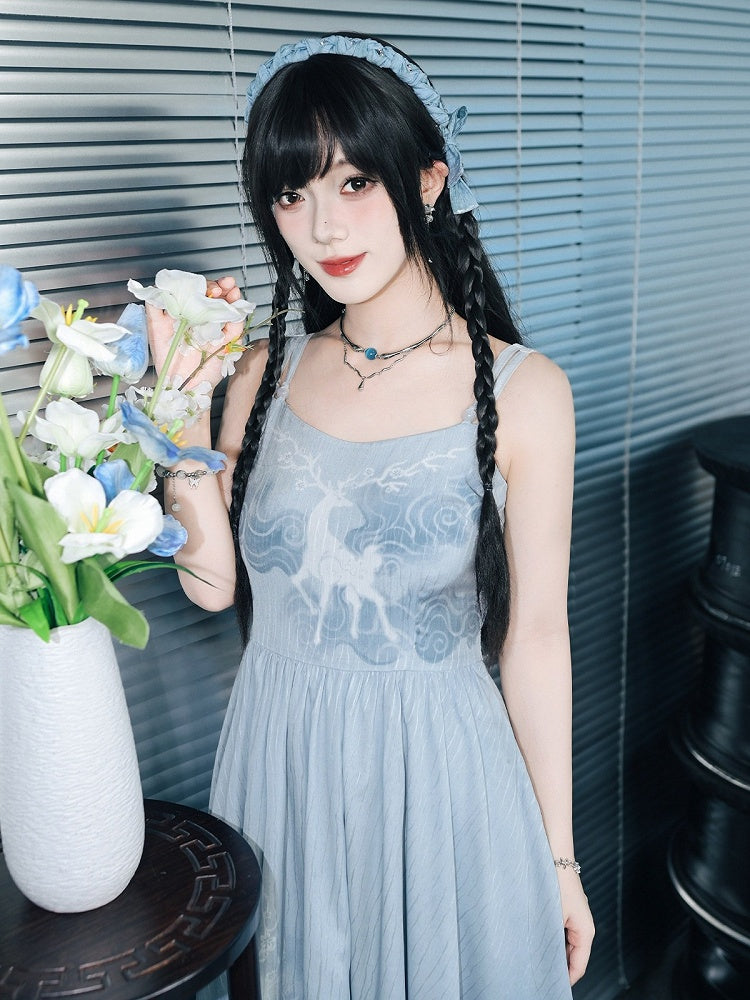 Blue Chiffon Cami Dress with Deer Print & Asymmetric Hem - Quirky Hut
