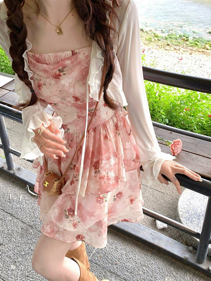 Red Floral Asymmetrical Ruffle Hem Summer Dress - Qchiwawameme