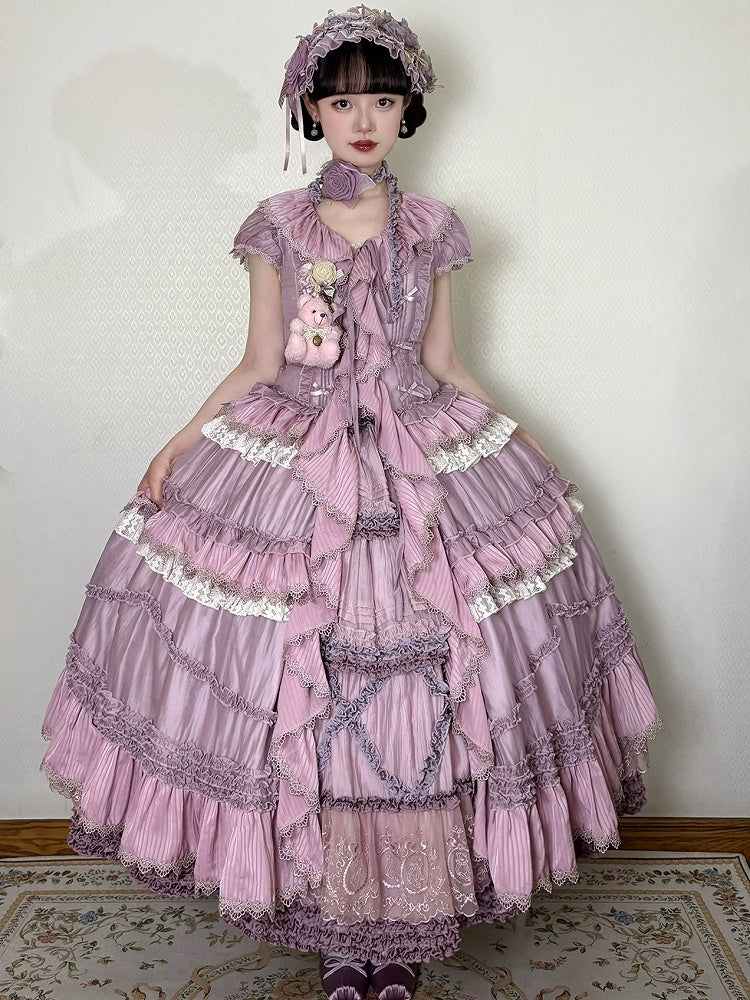House Ruffle Dress Front Self-tie Straps Purple Cascading Placket Style Pink Lolita
