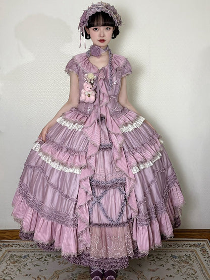 House Ruffle Dress Front Self-tie Straps Purple Cascading Placket Style Pink Lolita