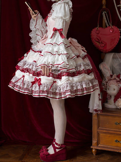 White Ruffled Neck Lolita Tiered Bell Sleeves Blouse Red Bows - Starry Messenger