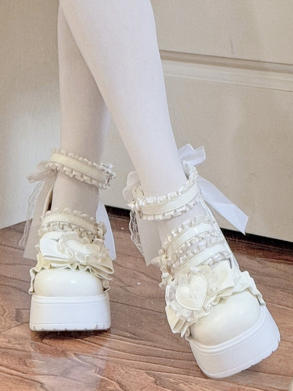Kei White Heart Jirai Lace Block Bow Heels Ruffled Straps with High Buckle Patch - Platform