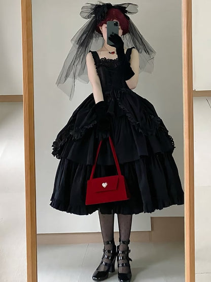 Heart-shaped Lolita Version Bowknots Black Dress and with Long JSK Ruffled Gothic Decoration