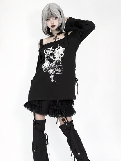 Studded Print Angel with Top Off-Shoulder Black Sleeves